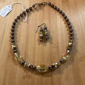 Hand Crafted 2 Pc. Pearl Choker Set Brown/Amber 18" Necklace, drop earrings